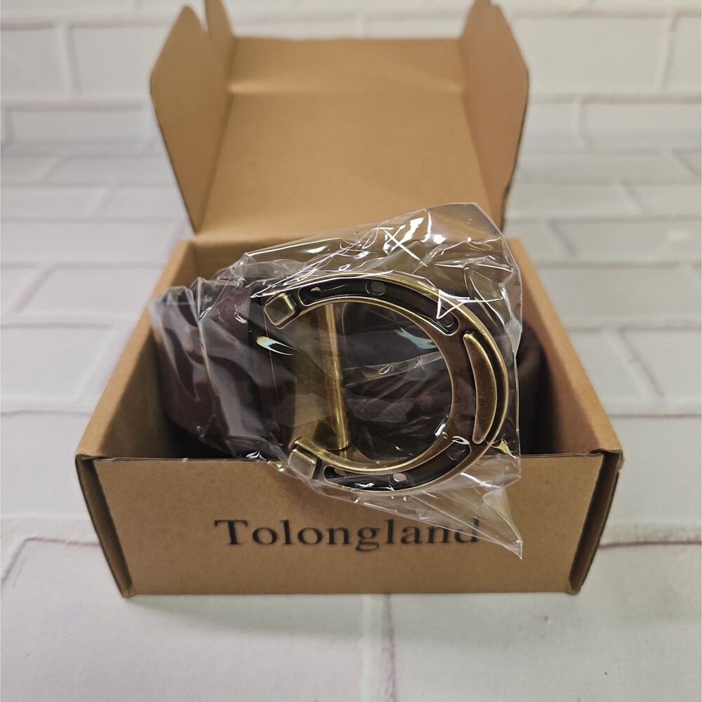 Tolongland Brown Golden Colored Horseshoe Belt 1.5" Fits Waist Up To 34"